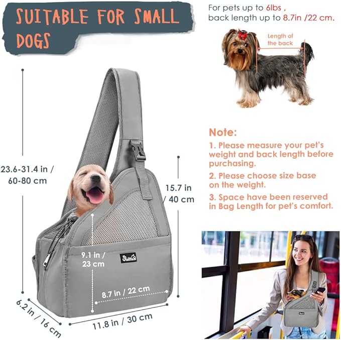 SlowTon Pet Dog Sling Carrier, Hands Free Hard Bottom Papoose Small Animal Puppy Up to 6 lbs Travel Bag Tote Breathable Mesh Support Adjustable Padded Strap Pocket Safety Belt Machine Washable