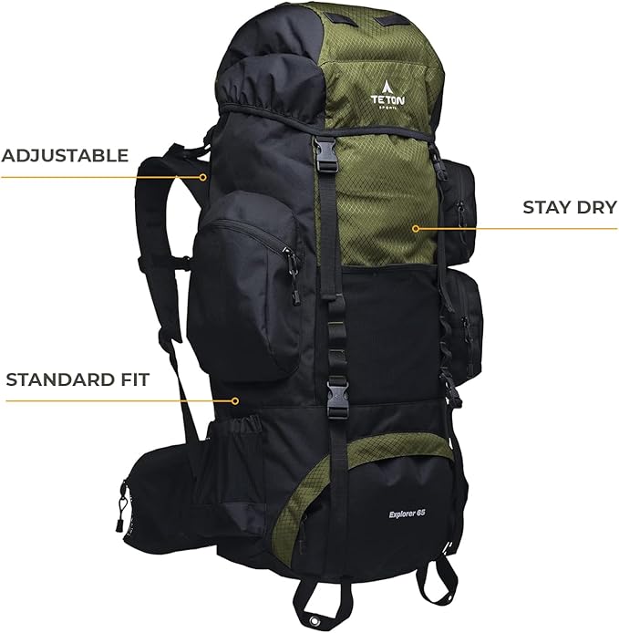 Teton 65L Explorer Internal Frame Backpack for Hiking, Camping, Backpacking, Rain Cover Included, Olive