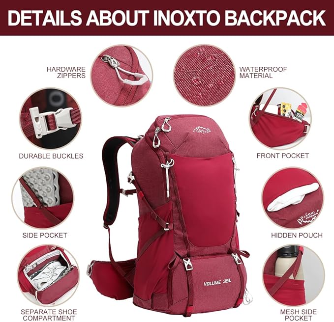 INOXTO 35L Hiking Backpack with 3Lwater bladder, Camping Backpack with Waterproof Rain Cover for Men, Outdoor Sport Travel Daypack for Climbing (Red)