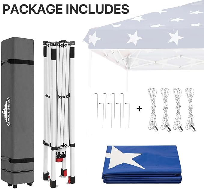 EAGLE PEAK Pop Up Canopy Tent with Wheeled Carry Bag, 8 Stakes, 4 Ropes, Easy Set Up Tent Canopy, 8x8 ft, American Flag
