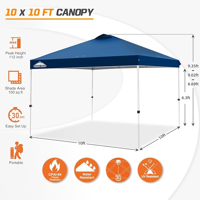 EAGLE PEAK Pop Up Canopy Tent with Wheeled Carry Bag, 8 Stakes, 4 Ropes, 4 Weight Bags, Easy Set Up Tent Canopy, 10x10 ft, 100sqft of Shade, Dark Blue