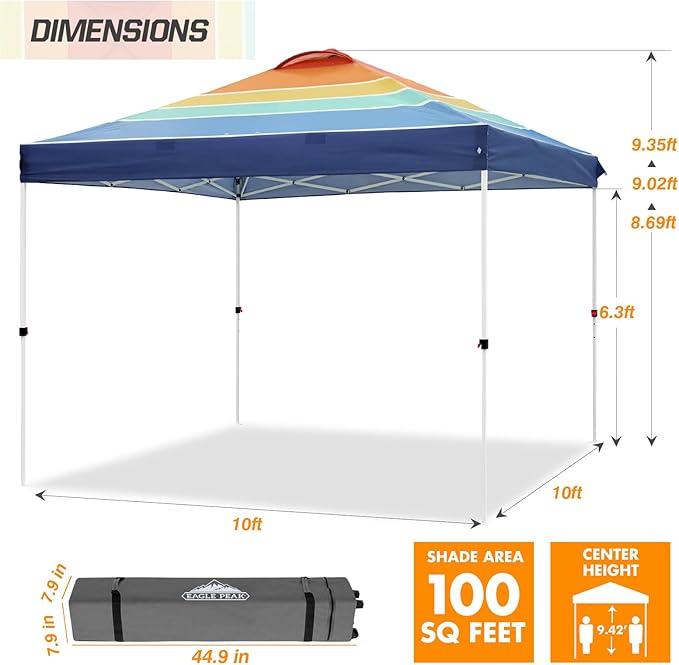 EAGLE PEAK Pop Up Canopy Tent with Wheeled Carry Bag, 8 Stakes, 4 Ropes, 4 Weight Bags, Easy Set Up Tent Canopy, 10x10 ft, 100sqft of Shade, Retro Stripe Multi