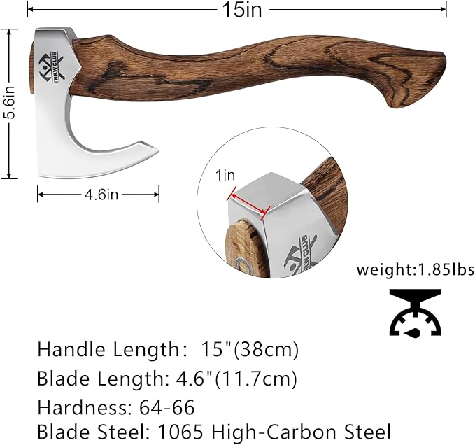 15" Camping Hatchet, Hand-Forged Axe with Sheath for Wood Chopping and Splitting, Bushcraft Axe with Beech Handle for Outdoor Camping and Survival