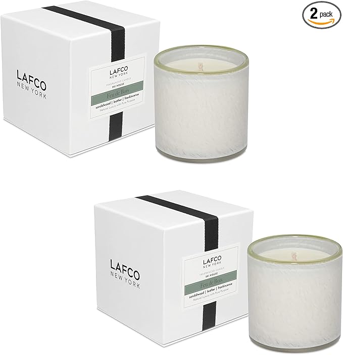 LAFCO New York Signature Candle, Feu de Bois - 15.5 oz, 2 Pack - 90-Hour Burn Time - Reusable, Hand Blown Glass Vessel - Made in The USA