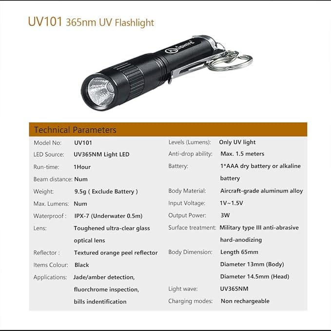 LIGHTFE Black Light 365nm UV Flashlight UV101D with High Power UV LED Source Keychain Light Powered by 1 AAA Battery for UV Glue Curing Light, Pet Urine Detector Light, AC Leak Detector…