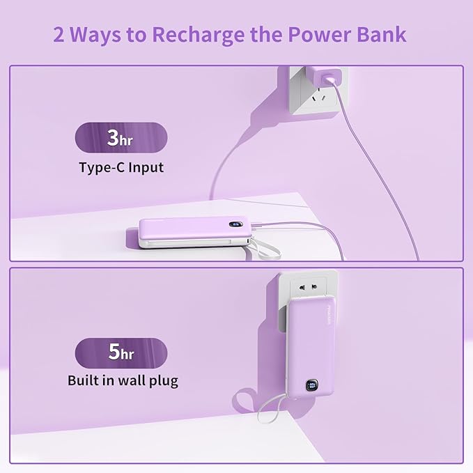 Portable Charger with Built-in Cables&AC Wall Plug,Slim 10000mAh 22.5W Fast Charging Power Bank,5 Output 2 Input USB-C External Battery Pack Compatible with iPhones,Samsung,Android, etc
