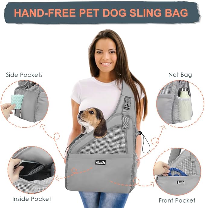 SlowTon Pet Dog Sling Carrier, Hands Free Hard Bottom Papoose Small Animal Puppy Up to 11 lbs Travel Bag Tote Breathable Mesh Support Adjustable Padded Strap Pocket Safety Belt Machine Washable