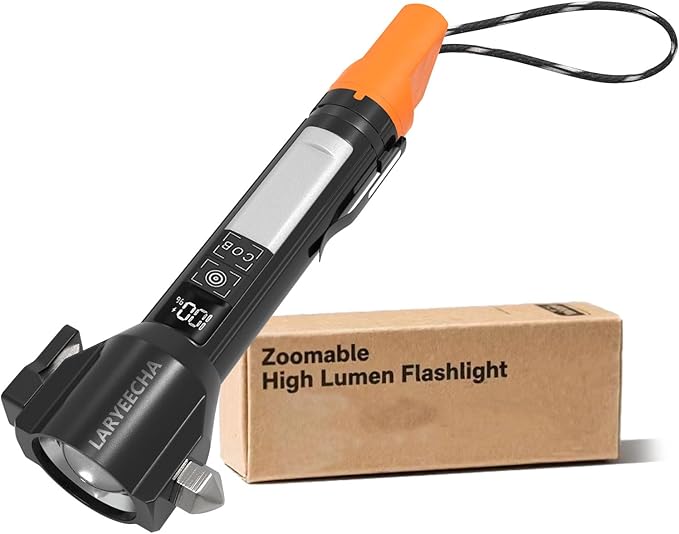Tactical Flashlight Rechargeable, Zoomable LED Flashlight with COB Side Light, Red/Blue Strobe, Type-C Fast Charging, Glass Breaker and Seatbelt Cutter for Car Emergency