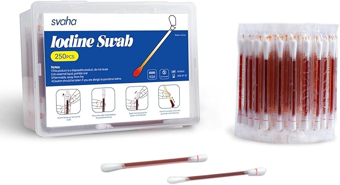Iodine Swabs 100 Pack - Povidone Iodine Swabsticks with Snap-Release Solution, Individually Wrapped for Wound Care, First Aid Kits, Nasal & Ear Care