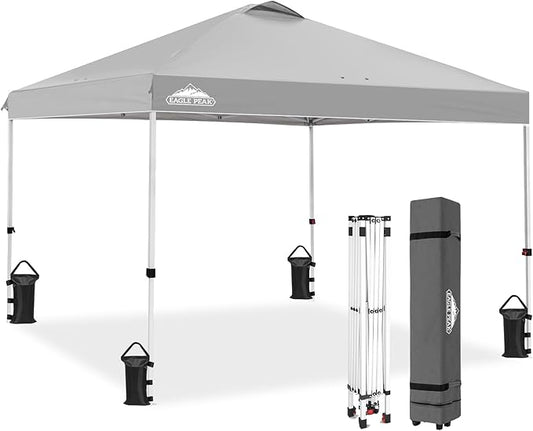 EAGLE PEAK Pop Up Canopy Tent with Wheeled Carry Bag, 8 Stakes, 4 Ropes, 4 Weight Bags, Easy Set Up Tent Canopy, 10x10 ft, 100sqft of Shade, Light Gray