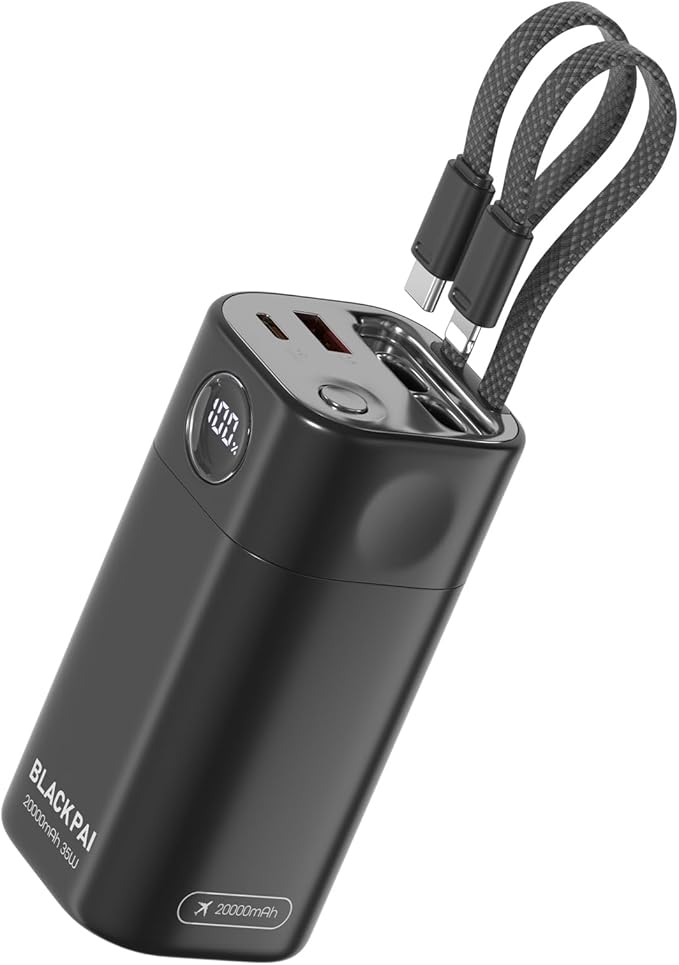 Portable Power Bank, 20,000mAh PD 35W Portable Charger Super Fast Charging with 2 Built-in Cables, USB-C Digital Display Battery Pack for iPhone Air 17/16/15/14/13, MacBook, S24/S25 Ultra
