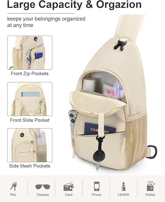 Crossbody Bags for Women Man Waterproof Sling Bag Backpack Trendy Casual Cross Body Bag with Convertible Shoulder Strap Chest Bag for Camping Hiking Travel Essentials (Ivory, Medium)