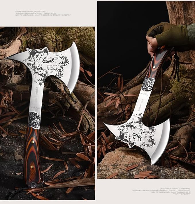 Camping Hatchet with Nylon Sheath,Tomahawk Viking Axe Etched Wolf Head Stainless Steel with Full Tang Wooden Grip,Camping Axe for Outdoor Splitting Wood,Hunting Survival,Farming Activities (Wolf Axe)