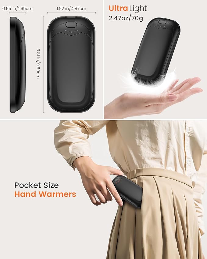 gabless Hand Warmers Rechargeable 2 Pack, Electric Hand Warmer Portable Handwarmers Pocket-Sized Hand Heater with 3 Levels Heat, Fast Heating Pocket Warmer Great Gift for Men & Women, Office, Travel