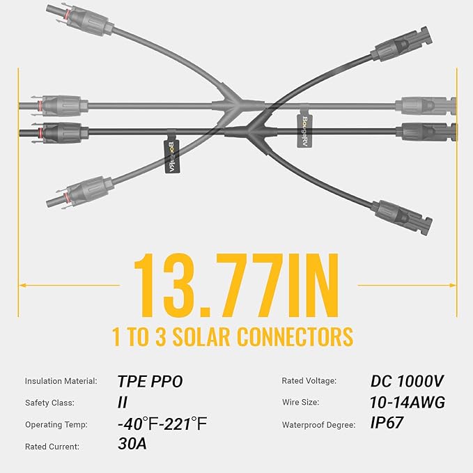 BougeRV Solar Y Branch Connectors Solar Panel Parallel Connectors 1 to 3 Solar Cable Wire Plug Tool Kit (M/FFF and F/MMM)