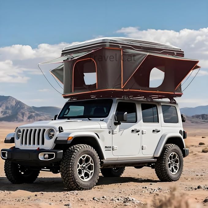 Travel Cat Rooftop Tent Hard Shell, Great View and Ventilation Tent for 2 Person Camping, Waterproof Windproof UV-Resistant Blackout Privacy 4 Season for Truck, Jeep, SUV, Van, Trailer
