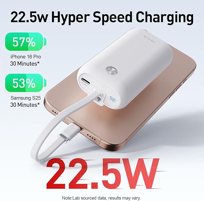iWALK Mini Portable Charger 10,000mAh, 22.5W USB-C Fast Charging Power Bank with Built-in Cable, Travel Essential Ultra-Small Battery Pack Compatible for iPhone 17/16/16 Pro/15, Samsung, Google, White