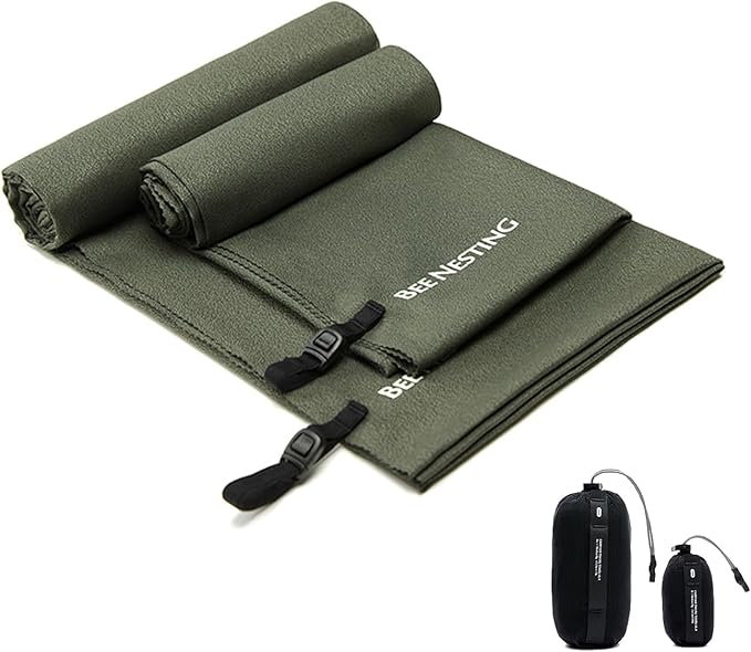 M&S Ultralight Quick Dry Towel - Microfiber Travel & Beach Towel, Compact Packable with Pocket, Ideal for Camping, Gym & Swimming (Olive drab, 2 Set)