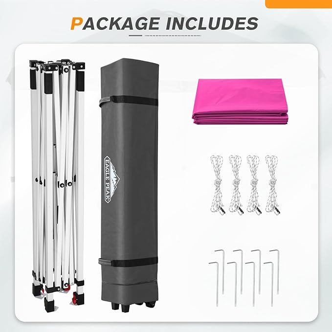 EAGLE PEAK Pop Up Canopy Tent with Wheeled Carry Bag, 8 Stakes, 4 Ropes, Easy Set Up Tent Canopy, 6.6x6.6 ft, Pink