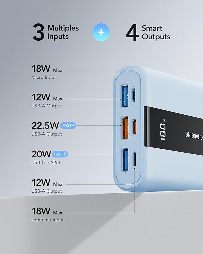 VRURC Power Bank,Small Portable Charger 20000mAh,22.5W Fast Charging, Compact Travel Essential Battery Pack with LED Display, 4 Outputs Compatible with iPhone 16/15/14/13, Samsung, Android,etc-Blue