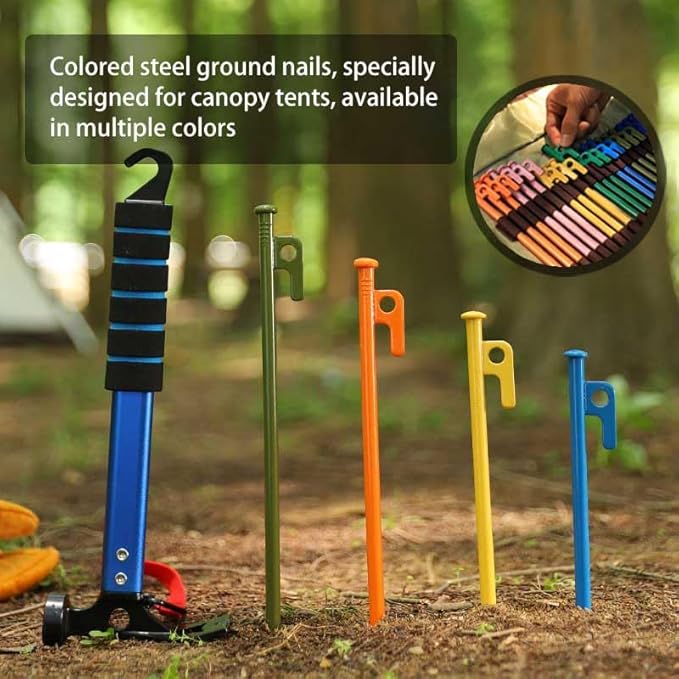 4Pcs Heavy-Duty Forged Steel Tent Stakes, 12in, with Storage Pouch – Ideal for Rocky Terrain, Snowfields, and Camping (4Pcs 12in Stakes Included)(Green)