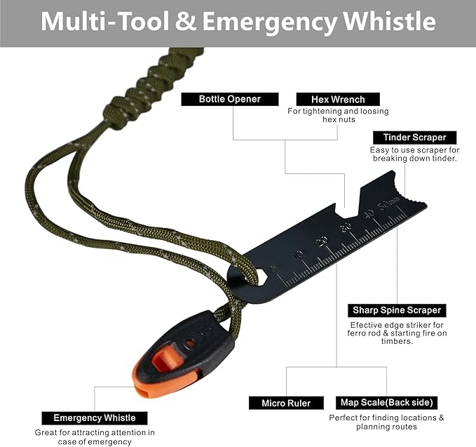 Fire Starter Survival Tool, 5/16" Ferro Rod with Paracord Lanyard, Multi-Tool Striker and Wooden Handle, Flint and Steel Fire Starter Kit for Your Hiking, Backpacking and Camping Essentials