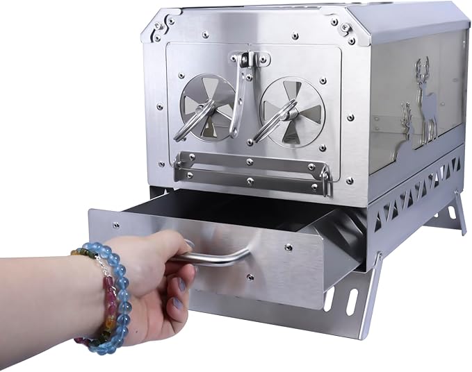 Outdoor Camping Tent Stove Portable Stainless Steel with Chimney Barbecue Net for Outdoor Cooking BBQ Heating & Fishing(Large)