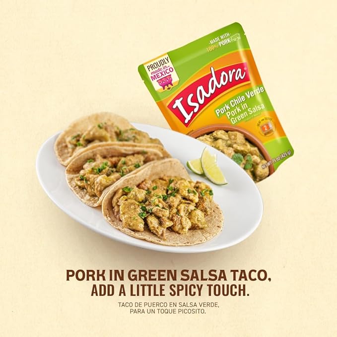 Isadora Fully Cooked Pork Chile Verde 15 oz, Ready-to-eat, Pork in Green Salsa, Medium Heat, Shelf Stable, No Refrigeration Needed, Instant Meal