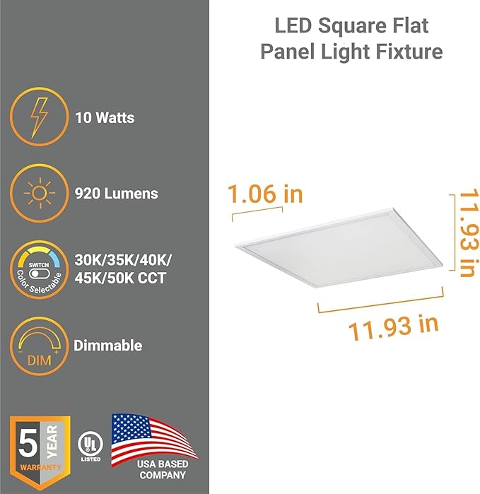 Diodesy- 1x1Ft LED Flat Panel Light 5 CCT 3000K/3500K/4000K/4500K/5000K Selectable 10W 920 Lumens Dimmable 12-Inch Square Slim Ceiling Mount Downlight for Office Kitchen Home UL Listed Pack of 2