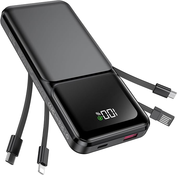 Portable Charger with Built in Cable - 20000mAh Fast Charging 22.5W Slim Power Bank USB C LED Display Travel Battery Pack 5 Outputs & 3 Inputs for iPhone Samsung Android iPad Phones Tablets etc