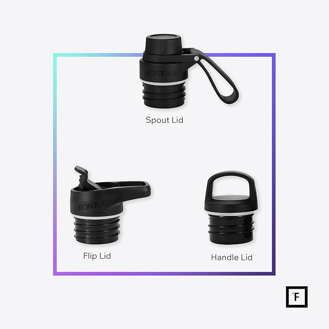 IRON °FLASK Camping & Hiking Hydration Canteens - 3 Lids (Narrow Spout Lid) Leak Proof Vacuum Insulated Stainless Steel - Hot & Cold Double Walled Sports Water Bottle - Midnight Black, 24 Oz