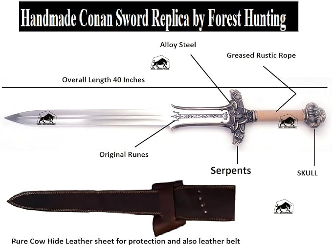 Conan The Barbarian Sword ??Real Full Tang Atlantean Swords | 5160 Carbon Steel, Brass Fittings & Leather Sheath | Medieval Fantasy King Sword Prop | Gift for Him, Christmas, Viking Gift for Him