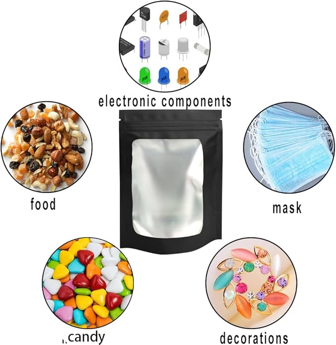 STUs 100 Pack Stand-Up Mylar Bags 3.1 x 5.1 Inch Resealable Smell Proof Bags with Clear Window Foil Pouch Bags Flat Bag Matte Black
