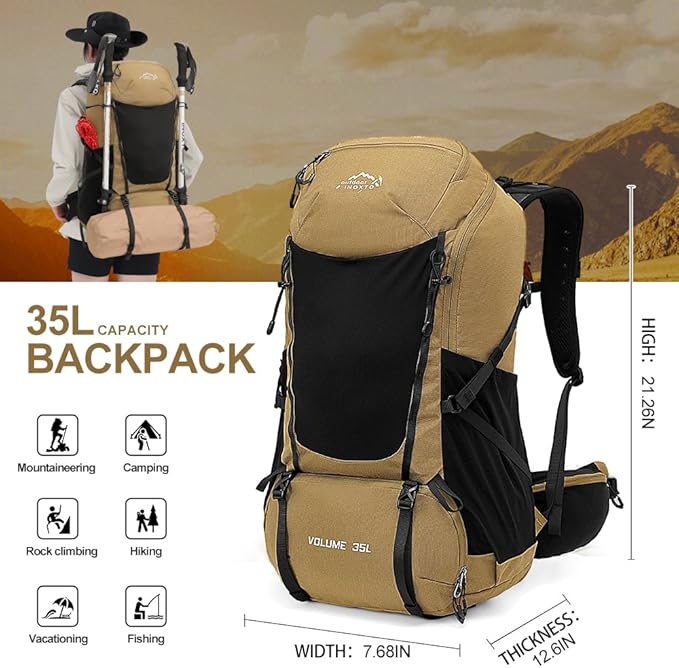 INOXTO 35L Hiking Backpack with 3Lwater bladder, Camping Backpack with Waterproof Rain Cover for Men, Outdoor Sport Travel Daypack for Climbing (Khaki 2)