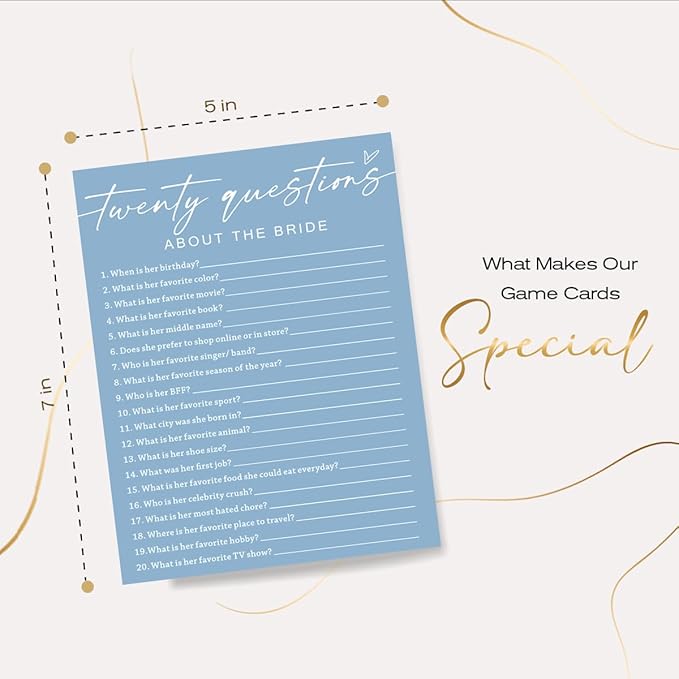 Bridal Shower Games Cards, Twenty Questions About The Bride, Bridal Shower Games 25 Guests, Engagement Party Wedding Games for Guests, Minimalist Blue Wedding Party Supplies - B05