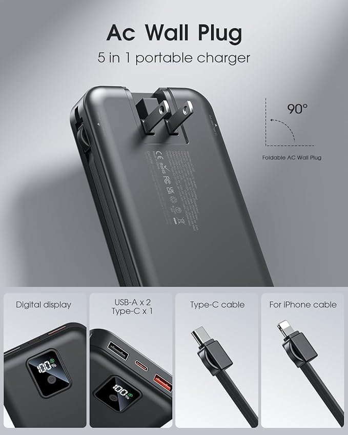 Portable Charger Built-in Cables and AC Wall Plug, 12000mAh power Bank, USB C 22.5W Fast charging Phone Charger ,Compact Lightweight External Battery Pack for iPhones, iPad, Samsung,Tablets, etc.