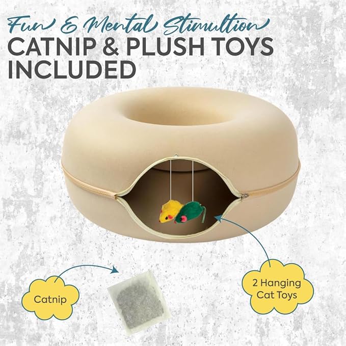 Laluz 2021 Large Cat Tunnel Bed for Indoor Cats Up to 30 Lbs Peekaboo Donut Cave with Catnip and Plush Toys Scratch Resistant Felt Design Detachable and Washable Cat Tunnel (Beige, L)