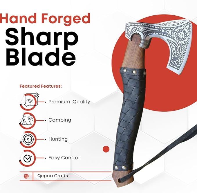 Qepaa Crafts®Russian Valknut Wood Viking Style Bearded Axe Tomahawk - Real Hatchet, Best Gift for Anniversary, Valentine's Day, Birthday,Leather Sheath with Leather Wrap Handle Perfect Hand Grip (SFL)