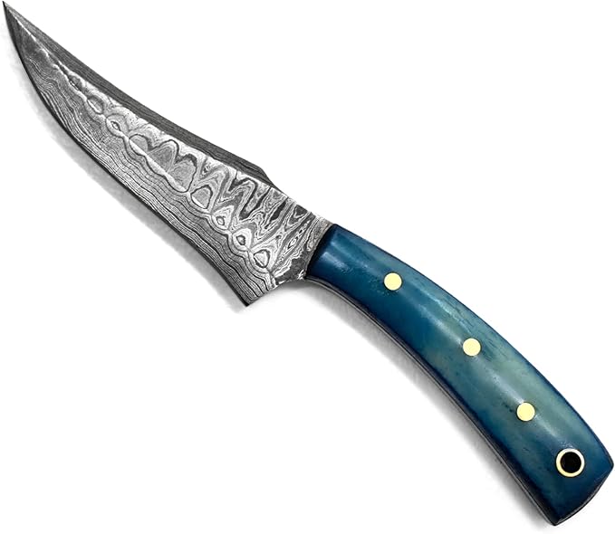 Titan International Knives 7.2" Damascus Hunting Skinning Knife | Handmade Fixed Blade 1095 4340 Carbon Mix Hand Pounded | Blue Dyed Bone Handle with Leather Sheath Perfect for Camping