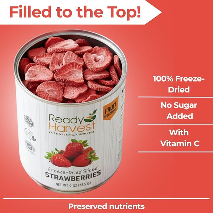 Ready Harvest Freeze Dried Strawberries - Full Can 24 Servings, 9 oz - 100% Natural, Healthy Everyday Snacks Bulk - Premium Quality & Crispy Fresh Taste - Emergency Survival Food Supply - 30-Year Shelf Life