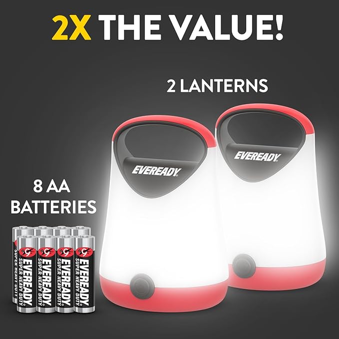 Eveready LED Camping Lantern X-250 (2-Pack), Super Bright Tent Lights, Rugged Water Resistant LED Lanterns, 100 Hour Run-time (Batteries Included), Red and Black