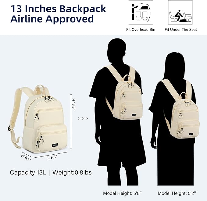 Carry On Travel Backpack For Men Women, 13 Inch Small Mini Work Bag Personal Item Backpacks, Camping Back Pack Lightweight Hiking Daypack For Office Nurse Commuter (Offwhite)
