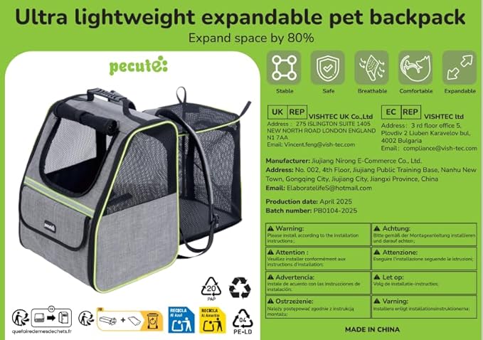 Pecute Cat Backpack Carrier, Expandable Cat Backpack for Cats Dogs up to 11 lbs, Pet Travel Backpack for Small Dogs Medium Cats, Cat Carrier with Ventilated Mesh, Safety Leash, Hiking Outdoor, Grey
