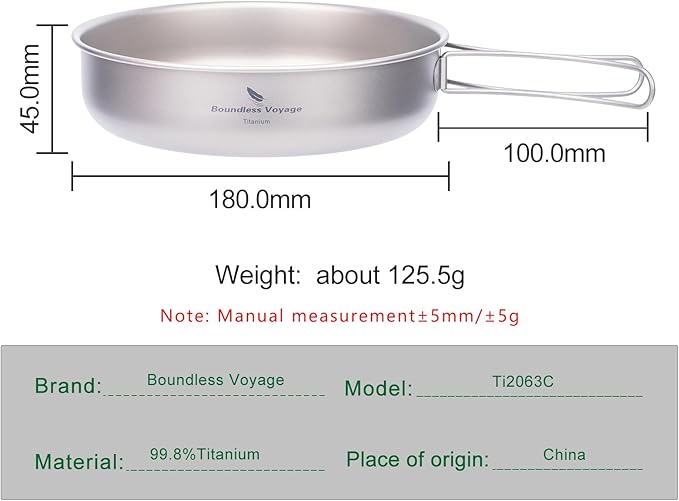 iBasingo 18cm Camping Frying Pan Titanium Skillet Saucepan Outdoor Cookware Lightweight Griddle Portable Plate with Foldable Handle Travel Picnic Hiking Backpacking Cooking Kit for 1 Person Ti2063C