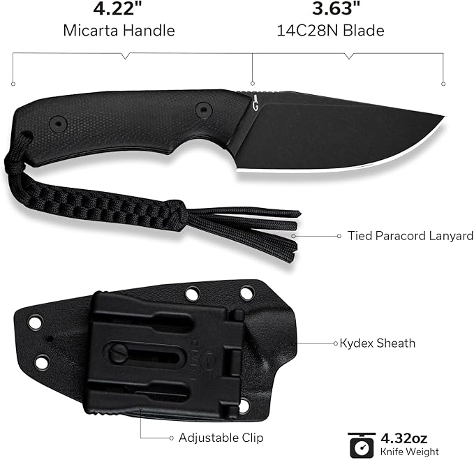CIVIVI Gander Fixed Blade Knife with Kydex Sheath, 3.63" 14C28N Blade Full Tang Knife Micarta Handle, Designed By Matt Gentry for Hunting Camping EDC C24058B-2 (Black)