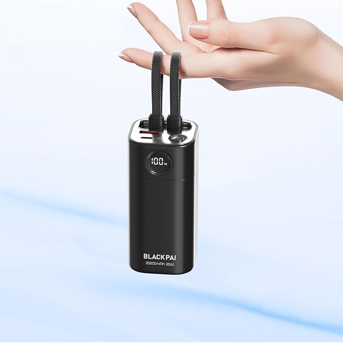 Portable Power Bank, 20,000mAh PD 35W Portable Charger Super Fast Charging with 2 Built-in Cables, USB-C Digital Display Battery Pack for iPhone Air 17/16/15/14/13, MacBook, S24/S25 Ultra