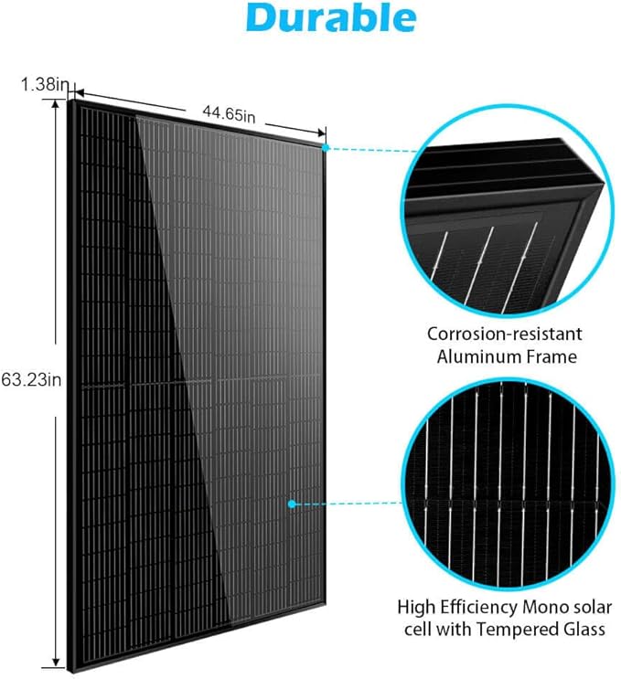 SUNGOLDPOWER 2pcs 370W Solar Panels Monocrystalline, Grade A Solar Cell, Waterproof IP68, High Efficiency Solar Panel On/Off Grid Supplies for Charging Station, Household, Marine, RV, Tiny House,Black