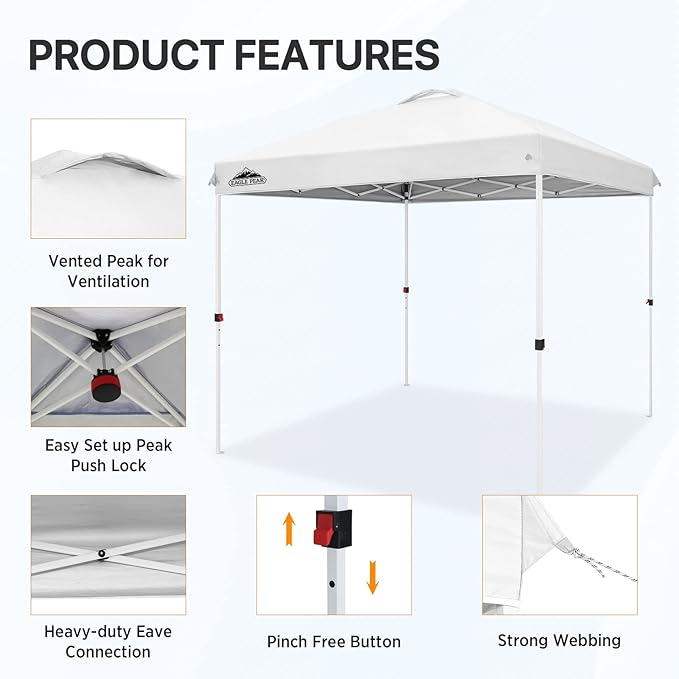 EAGLE PEAK Pop Up Canopy Tent with Wheeled Carry Bag, 8 Stakes, 4 Ropes, Easy Set Up Tent Canopy, 8x8 ft White