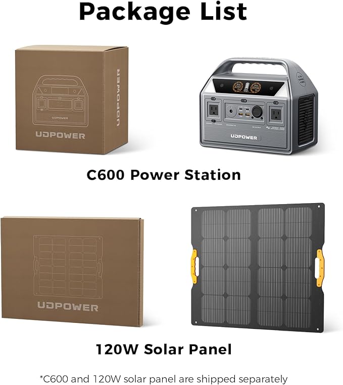 C600 Solar Generator with 120W Solar Panel - 600W Portable Power Station(Surge 1200W) AC Output, 595Wh LiFePO4 Battery, for Camping, Travel, RV, Emergency Power Backup(Grey)