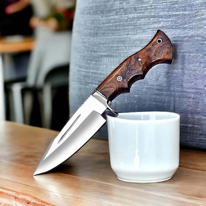Poshland Handmade Hunting Knife - 10" Bushcraft Fixed Blade EDC Knife with D2 Steel Blade, Walnut Wood Handle, Leather Sheath